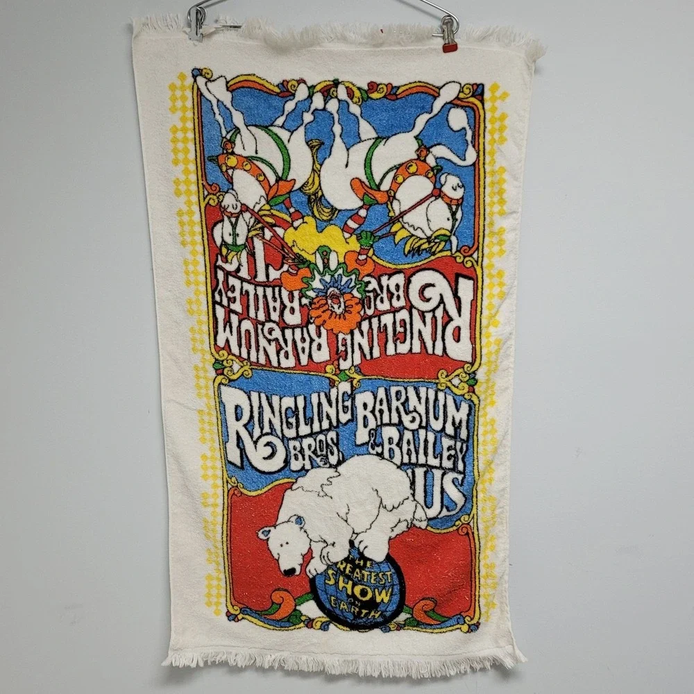 Ringling Bros Barnum & Bailey Circus Bath Towel Beach Clown Horse Vintage Fringe